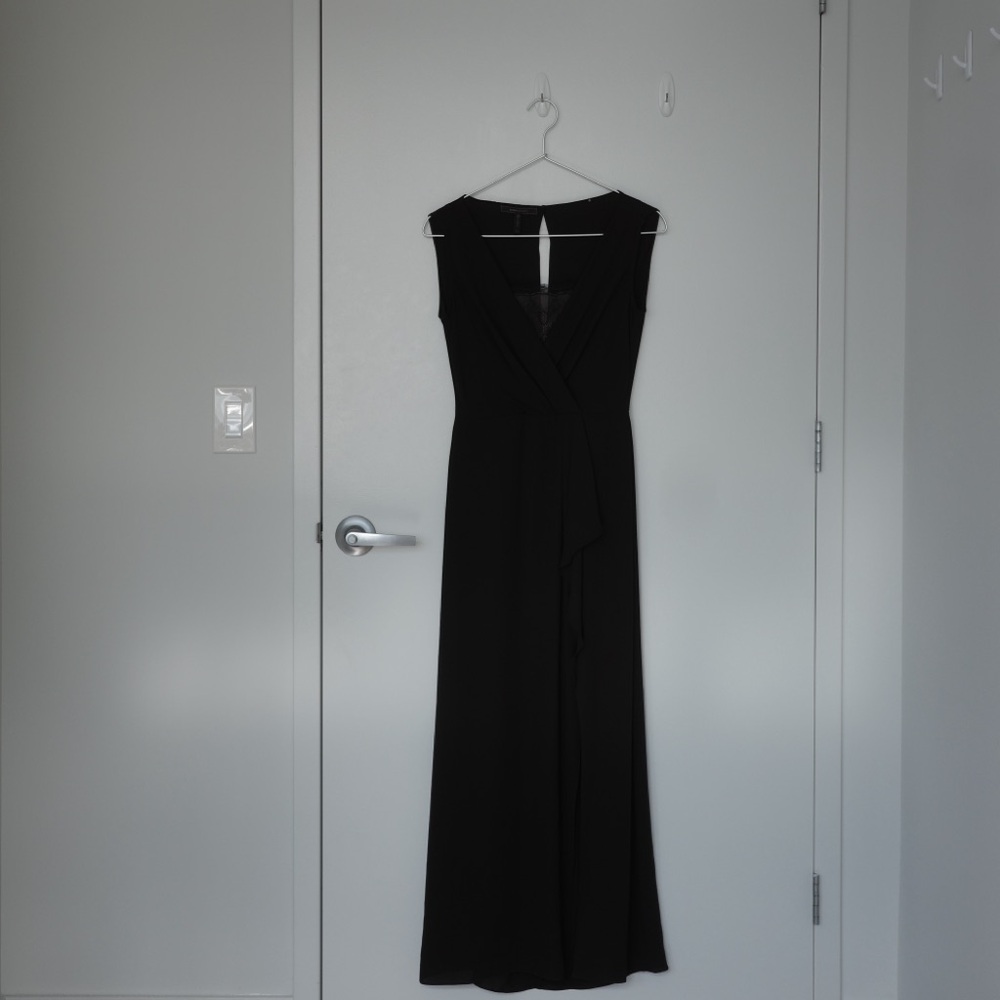 BCBGMaxAzria Black Sleeveless Maxi Dress with Lace Insert and V Neck Design